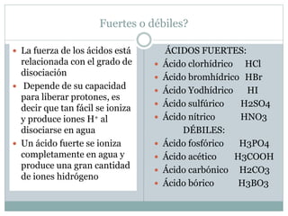 Fuertes o débiles?
 La fuerza de los ácidos está
relacionada con el grado de
disociación
 Depende de su capacidad
para liberar protones, es
decir que tan fácil se ioniza
y produce iones H+ al
disociarse en agua
 Un ácido fuerte se ioniza
completamente en agua y
produce una gran cantidad
de iones hidrógeno
ÁCIDOS FUERTES:
 Ácido clorhídrico HCl
 Ácido bromhídrico HBr
 Ácido Yodhídrico HI
 Ácido sulfúrico H2SO4
 Ácido nítrico HNO3
DÉBILES:
 Ácido fosfórico H3PO4
 Ácido acético H3COOH
 Ácido carbónico H2CO3
 Ácido bórico H3BO3
 