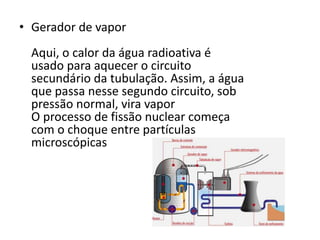 • Gerador de vapor 
Aqui, o calor da água radioativa é 
usado para aquecer o circuito 
secundário da tubulação. Assim, a água 
que passa nesse segundo circuito, sob 
pressão normal, vira vapor 
O processo de fissão nuclear começa 
com o choque entre partículas 
microscópicas 
 