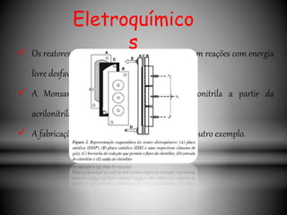 Eletroquímico
s Os reatores eletroquímicos normalmente realizam reações com energia
livre desfavorável.
 A Monsanto, por exemplo, fabrica a adiponitrila a partir da
acrilonitrila por via eletroquímica.
 A fabricação do alumínio a partir da alumina é outro exemplo.
 