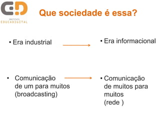 Que sociedade é essa?
• Era industrial • Era informacional
• Comunicação
de muitos para
muitos
(rede )
• Comunicação
de um para muitos
(broadcasting)
 