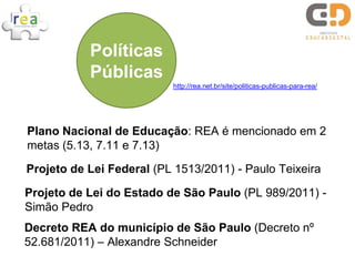 Plano Nacional de Educação: REA é mencionado em 2
metas (5.13, 7.11 e 7.13)
Projeto de Lei Federal (PL 1513/2011) - Paulo Teixeira
Projeto de Lei do Estado de São Paulo (PL 989/2011) -
Simão Pedro
Decreto REA do município de São Paulo (Decreto nº
52.681/2011) – Alexandre Schneider
Políticas
Públicas
http://rea.net.br/site/politicas-publicas-para-rea/
 