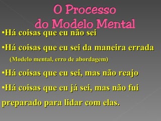 Há coisas que eu não sei Há coisas que eu sei da maneira errada (Modelo mental, erro de abordagem) Há coisas que eu sei, mas não reajo Há coisas que eu já sei, mas não fui preparado para lidar com elas. 
