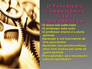 O Paradigma Comportamental da Aprendizagem O aluno não sabe nada O professor sabe tudo O professor ensina e o aluno aprende Aprender é um movimento de fora para dentro Aprender não envolve esforço ativo nem criativo por parte de quem aprende Para aprender, só é necessário esforço reprodutivo 