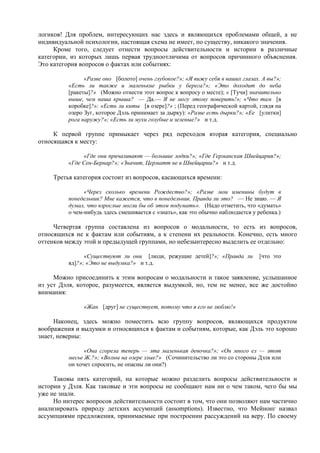 логиков! Для проблем, интересующих нас здесь и являющихся проблемами общей, а не
индивидуальной психологии, настоящая схема не имеет, по существу, никакого значения.
Кроме того, следует отнести вопросы действительности и истории в различные
категории, из которых лишь первая трудноотличима от вопросов причинного объяснения.
Это категория вопросов о фактах или событиях:
«Разве оно [болото] очень глубокое?»; «Я вижу себя в ваших глазах. А вы?»;
«Есть ли также и маленькие рыбки у берега?»; «Это доходит до неба
[ракеты]?» (Можно отнести этот вопрос к вопросу о месте); « [Тучи] значительно
выше, чем наша крыша? — Да.— Я не могу этому поверить!»; «Что там [в
коробке]?»; «Есть ли киты [в озере]?» ; (Перед географической картой, глядя на
озеро Зуг, которое Дэль принимает за дырку): «Разве есть дырки?»; «Ее [улитки]
рога наружу?»; «Есть ли мухи голубые и зеленые?» и т.д.
К первой группе примыкает через ряд переходов вторая категория, специально
относящаяся к месту:
«Где они причаливают — большие лодки?»; «Где Германская Швейцария?»;
«Где Сен-Бернар?»; «Значит, Церматт не в Швейцарии?» и т.д.
Третья категория состоит из вопросов, касающихся времени:
«Через сколько времени Рождество?»; «Разве мои именины будут в
понедельник? Мне кажется, что в понедельник. Правда ли это? — Не знаю. — Я
думал, что взрослые могли бы об этом подумать». (Надо отметить, что «думать»
о чем-нибудь здесь смешивается с «знать», как это обычно наблюдается у ребенка.)
Четвертая группа составлена из вопросов о модальности, то есть из вопросов,
относящихся не к фактам или событиям, а к степени их реальности. Конечно, есть много
оттенков между этой и предыдущей группами, но небезынтересно выделить ее отдельно:
«Существуют ли они [люди, режущие детей]?»; «Правда ли [что это
яд]?»; «Это не выдумка?» и т.д.
Можно присоединить к этим вопросам о модальности и такое заявление, услышанное
из уст Дэля, которое, разумеется, является выдумкой, но, тем не менее, все же достойно
внимания:
«Жан [друг] не существует, потому что я его не люблю!»
Наконец, здесь можно поместить всю группу вопросов, являющихся продуктом
воображения и выдумки и относящихся к фактам и событиям, которые, как Дэль это хорошо
знает, неверны:
«Она сгорела теперь — эта маленькая девочка?»; «Он много ел — этот
месье Ж.?»; «Волны на озере злые?» (Сочинительство ли это со стороны Дэля или
он хочет спросить, не опасны ли они?)
Таковы пять категорий, на которые можно разделить вопросы действительности и
истории у Дэля. Как таковые и эти вопросы не сообщают нам ни о чем таком, чего бы мы
уже не знали.
Но интерес вопросов действительности состоит в том, что они позволяют нам частично
анализировать природу детских ассумпций (assomptions). Известно, что Мейнонг назвал
ассумпциями предложения, принимаемые при построении рассуждений на веру. По своему
 