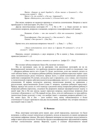 Факты: «Закрыт ли твой барабан?»; «Есть также и бумажки?»; «Там
внутри есть улитки?» (Пи.)
Место: «Эз, где голубой?»; «Где она [черепаха]?»
Время: «Мaдeмуaзeль, уже поздно?»; «Сколько тебе лет?» (Пи.)
Как видно, вопросы не касаются причины и остаются статическими. Вопросы о месте
преобладают в этой категории: 29 у Пи и 13 у Льва.
Другая многочисленная категория (51 — у Пи и 48 — у Льва) состоит из чисто
статических вопросов, вопросов о названиях, вопросов о классификации и об оценке:
Названия: «Сзади» — что это значит?»; «Как это называется [повар]?»
(Лев.)
Классификация: «Что это такое?»; «Это желтое?» (Лев.)
Оценка: «Это красиво?» (Лев, Пи.)
Кроме того, есть несколько вопросов о числе (5 — у Льва, 1 — у Пи.):
«Этого недостаточно, всего этого за 2 франка 50 сантимов?»; «А на 11
сколько?» (Лев.)
Наконец, следует упомянуть о двух вопросах у Пи и одном у Льва, относящихся к
правилам (письма и т. д.):
«Это с одной стороны ставится, не правда ли [цифра 3]?» (Лев.)
Вот полная таблица вопросов Льва и Пи, включая «почему».
Мы не настаиваем здесь ни на критериях этих различных категорий, ни на их
функциональной значимости: эти проблемы являются предметом одной из следующих глав
— «Вопросы ребенка шести лет» (глава V). Будет достаточно, если мы сможем сделать из
этой таблицы вывод, что вопросы ребенка ребенку (вопросы ребенка взрослым играют здесь
лишь незначительную роль) относятся, прежде всего, к самой психической деятельности
(действия и намерения). В случаях, когда речь идет о предметах, а не о лицах, они относятся
к статистической стороне действительности (классификация, место и т. д.), а не к причинным
отношениям. И впрямь получается довольно значительная разница по сравнению с
результатами, представленными Дэлем (глава V: вопросы, заданные ребенком взрослому).
Правда, прежде чем делать из этого выводы о различии между вопросами ребенка ребенку и
вопросами ребенка взрослому, следовало бы разрешить важную предварительную задачу: в
какой мере Лев и Пи вне школы задают взрослым вопросы, аналогичные вопросам Дэля
(«почему» объяснения и т.д.)? На первый взгляд, Дэль, хотя его наблюдали и в часы работы,
значительно ближе подходит к тому, что вообще знают о задающем вопросы ребенке 6 лет.
Но, может быть, Пи и Лев — дети особого типа, менее «объясняющего» и более
статического? Следует произвести еще ряд исследований, подобных тем, которые описаны в
настоящей главе и главе V.
II. Выводы
Итак, некоторые категории речи наших двух детей определены, насколько это было
возможно, а сейчас следует попытаться установить, нельзя ли выделить из наших материалов
постоянные цифровые данные. Мы сразу обращаем внимание на некоторую искусственность
цифр в такого рода подсчетах. Количество трудно классифицируемых предложений и впрямь
отягчает статистические данные. Впрочем, судить о степени объективности нашей
 