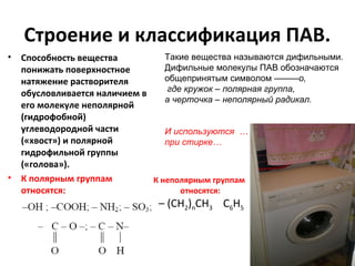 Строение и классификация ПАВ.
•

•

Такие вещества называются дифильными.
Способность вещества
Дифильные молекулы ПАВ обозначаются
понижать поверхностное
общепринятым символом –––––ο,
натяжение растворителя
где кружок – полярная группа,
обусловливается наличием в
а черточка – неполярный радикал.
его молекуле неполярной
(гидрофобной)
углеводородной части
И используются …
(«хвост») и полярной
при стирке…
гидрофильной группы
(«голова»).
К полярным группам
К неполярным группам
относятся:
относятся:

– (CH2)nСH3 C6H5

 