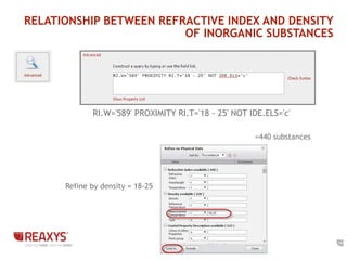 10 
RELATIONSHIP BETWEEN REFRACTIVE INDEX AND DENSITY 
RI.W='589' PROXIMITY RI.T='18 - 25' NOT IDE.ELS='c' 
=440 substances 
Refine by density = 18-25 
OF INORGANIC SUBSTANCES 
 