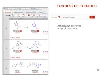 14 
SYNTHESIS OF PYRAZOLES 
Ask Reaxys retrieves 
a list of reactions 
 