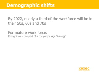 Demographic shifts
By 2022, nearly a third of the workforce will be in
their 50s, 60s and 70s
For mature work force:
Recog...