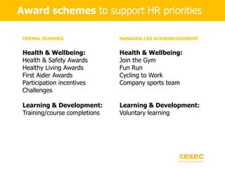 Award schemes to support HR priorities
FORMAL SCHEMES
Health & Wellbeing:
Health & Safety Awards
Healthy Living Awards
Fir...