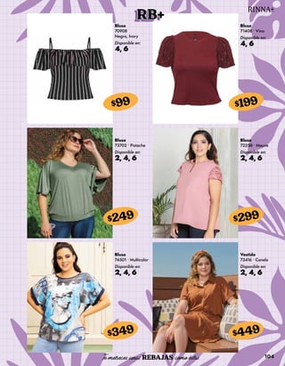 104
RB+
Blusa
70908
Negro, Ivory
Disponible en:
4, 6
$99
Blusa
71408 • Vino
Disponible en:
4, 6
$199
Blusa
73702 • Pistache
Disponible en:
2, 4, 6
$249
Blusa
74501 • Multicolor
Disponible en:
2, 4, 6
$349
Blusa
72258 • Mauve
Disponible en:
2, 4, 6
$299
Vestido
73416 • Canela
Disponible en:
2, 4, 6
$449
 