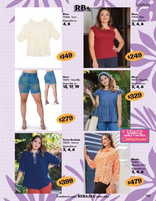 110
RB+
Blusa
70406 • Ivory
Disponible en:
4, 6
$149
Blusa
71614 • Rojo
Disponible en:
2, 4, 6
$249
Short
73012 • Mezclilla
Disponible en:
15, 17, 19
$279
Túnica Bordada
70633 • Marino
Disponible en:
2, 4, 6
$399
Blusa
74101 • Mezclilla
Disponible en:
2, 4, 6
$329
Blusón
72263
Naranja, Ivory
Disponible en:
2, 4, 6
$479
 