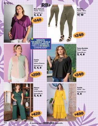 113
RB+
Blusa Satinada
72232 • Purpura
Disponible en:
2, 4, 6
$149
Pantalón
72006 • Olivo
Disponible en:
17, 19
$249
Camisa
71709
Salmon/Pistache
Disponible en:
2, 4, 6
$299
Palazzo
73703
Verde Botella
Disponible en:
2, 4, 6
$429
Túnica Bordada
70631 • Negro
Disponible en:
2, 4, 6
$349
Vestido
72246 • Oro
Disponible en:
4, 6
$499
 