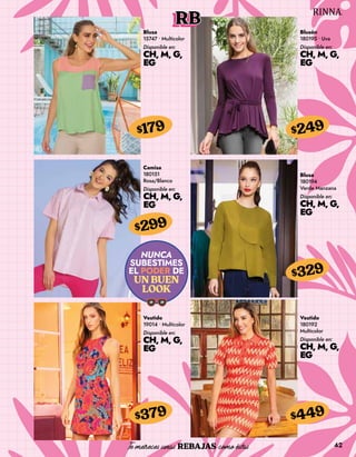 42
RB
Blusa
15747 • Multicolor
Disponible en:
CH, M, G,
EG
$179
Blusón
180195 • Uva
Disponible en:
CH, M, G,
EG
$249
Camisa
180151
Rosa/Blanco
Disponible en:
CH, M, G,
EG
$299
Vestido
19014 • Multicolor
Disponible en:
CH, M, G,
EG
$379
Blusa
180194
Verde Manzana
Disponible en:
CH, M, G,
EG
$329
Vestido
180192
Multicolor
Disponible en:
CH, M, G,
EG
$449
 