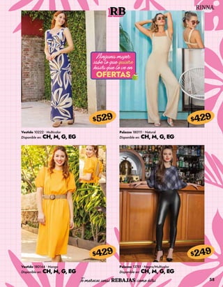 58
RB
Vestido 10222 • Multicolor
Disponible en: CH, M, G, EG
$529
Vestido 180144 • Mango
Disponible en: CH, M, G, EG
$429
Palazzo 180111 • Natural
Disponible en: CH, M, G, EG
$429
Palazzo 13751 • Negro/Multicolor
Disponible en: CH, M, G, EG
$249
 