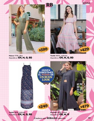 60
RB
Palazzo 17728 • Olivo
Disponible en: CH, M, G, EG
$599
Vestido 18018 • Multicolor
Disponible en: CH, M, G, EG
$249
Vestido 180121 • Multicolor
Disponible en: CH, M, G, EG
$429
Ensamble 15095 • Oxford
Disponible en: CH, M, G
$479
 