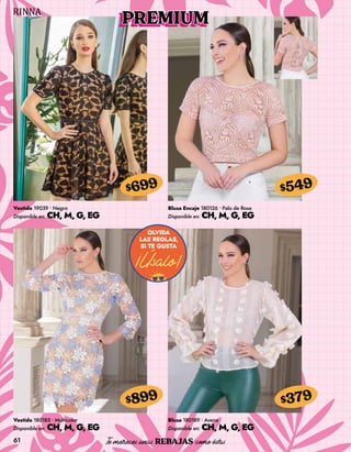 61
Vestido 19039 • Negro
Disponible en: CH, M, G, EG
$699
Vestido 180185 • Multicolor
Disponible en: CH, M, G, EG
$899
Blusa Encaje 180126 • Palo de Rosa
Disponible en: CH, M, G, EG
$549
Blusa 180189 • Avena
Disponible en: CH, M, G, EG
$379
PREMIUM
 
