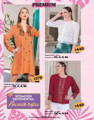 63
Vestido Bordado 150104 • Shedrón
Disponible en: CH, M, G, EG
$579
Camisa 180136 • Blanco
Disponible en: CH, M, G, EG
$449
Blusa 180187 • Burgundi
Disponible en: CH, M, G, EG
$449
PREMIUM
 