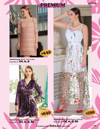 64
Vestido Encaje 180125 • Palo de Rosa
Disponible en: CH, M, G
$449
Vestido Terciopelo 180188 • Negro, Purpura
Disponible en: CH, M, G, EG
$649
Vestido Bordado 180140 Blanco, Multicolor
Disponible en: CH, M, G, EG
$599
PREMIUM
 