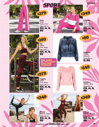 76
Pants
11057
Fiusha, Ivory
Disponible en:
CH, M, G,
EG
$379
Top
12050
Tinto, Negro
Disponible en:
CH, M, G,
EG
$199
Legging
12051
Tinto, Negro
Disponible en:
CH, M, G,
EG
$379
Palazzo
109345 • Negro
Disponible en:
CH, M, G,
EG
$349
Sudadera
11058
Fiusha, Ivory
Disponible en:
CH, M, G,
EG
$349
Sudadera
109239
Multicolor
Disponible en:
G, EG
$99
Sudadera
109296 • Rosa
Disponible en:
CH, M, G,
EG
$149
Palazzo
109346 • Borgoña
Disponible en:
CH, M, G,
EG
$349
SPORT
 