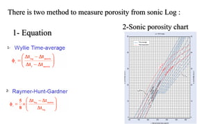 There is two method to measure porosity from sonic Log :
1- Equation
2-Sonic porosity chart
1-
2-