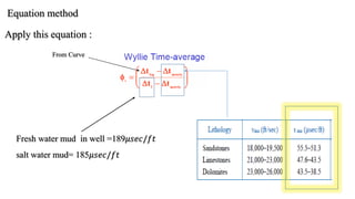 Apply this equation :
From Curve
c
Fresh water mud in well =189𝜇𝑠𝑒𝑐/𝑓𝑡
salt water mud= 185𝜇𝑠𝑒𝑐/𝑓𝑡
Equation method