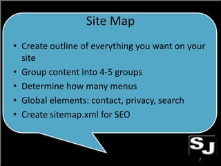 Site Map
• Create outline of everything you want on your
site
• Group content into 4-5 groups
• Determine how many menus
• Global elements: contact, privacy, search
• Create sitemap.xml for SEO