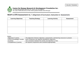Center for Human Research & Development Foundation Inc.
NEAP & CPD Assessment no. 1 (Alignment of Curriculum, Instruction & Assessment)
Learning Objectives Teaching Strategy Learning Activity Assessment
Rubric:
Alignment (7 points) The alignment of lesson objectives, assessments, and learning resources is present.
Proof of Knowledge Transfer
(5 points)
Each component has objective identified for alignment.
The connection between the activity and objectives is clear.
Completeness (3 points) All required components were answered appropriately.
7-B Cavite Street Barangay Paltok West Ave., Quezon City 1100 Philippines
Tels.: (632) 3719083 (632) 3321114 Email: chrdf.inc.gmail.com Website: www.chrdf.org.ph
ONLINE TRAINING
 