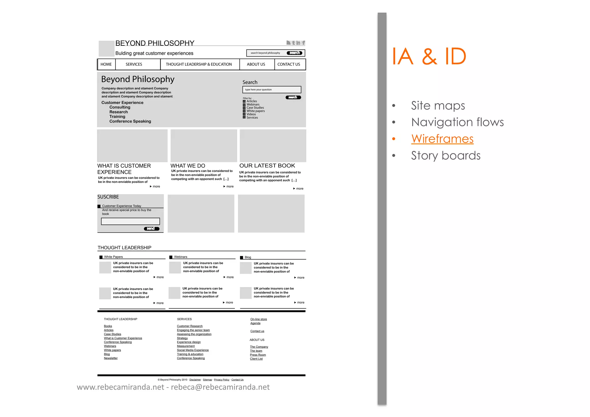 IA & ID
•  Site maps
•  Navigation flows
•  Wireframes
•  Story boards
!"#$%&'%()'$*+,-%
,./,-&,0(,
!"#$%!,%1*
2345 2345
!"#$%&'()*#&+,-%*%,#.(+#/*#.0+,&1*%*1#)0#
/*#&+#)2*#+0+3*+'&(/4*#$0,&)&0+#05#
*)-%6#$,'$%7**8
2345
!"#$%&'()*#&+,-%*%,#.(+#/*#.0+,&1*%*1#)0#
/*#&+#)2*#+0+3*+'&(/4*#$0,&)&0+#05#
.06$*)&+7#8&)2#(+#0$$0+*+)#,-.2##9:::;
!"#$%&'()*#&+,-%*%,#.(+#/*#.0+,&1*%*1#)0#
/*#&+#)2*#+0+3*+'&(/4*#$0,&)&0+#05#
.06$*)&+7#8&)2#(+#0$$0+*+)#,-.2##9:::;
<06$(+=#1*,.%&$)&0+#(+1#,)(6*+)#<06$(+=#
1*,.%&$)&0+#(+1#,)(6*+)#<06$(+=#1*,.%&$)&0+#
(+1#,)(6*+)#<06$(+=#1*,.%&$)&0+#(+1#,)(6*+)#
Beyond Philosophy
<-,)06*%#>?$*%&*+.*
# <0+,-4)&+7
# @*,*(%.2
# A%(&+&+7
# <0+5*%*+.*#B$*(C&+7
Search
type here your question
search
!9:;5%/<=54>
$"*)?"$%6,#1,-'"&/
2345
!"#$%&'()*#&+,-%*%,#.(+#/*#
.0+,&1*%*1#)0#/*#&+#)2*#
+0+3*+'&(/4*#$0,&)&0+#05#
SUSCRIBE
(@>;3254%,A=54:5BC5%$3D<E
#BD%45C5:F5%>=5C:<G%=4:C5%;3%H@E%;95%
H33I%
send
!5H:B<4>
2345
!"#$%&'()*#&+,-%*%,#.(+#/*#
.0+,&1*%*1#)0#/*#&+#)2*#
+0+3*+'&(/4*#$0,&)&0+#05#
2345
!"#$%&'()*#&+,-%*%,#.(+#/*#
.0+,&1*%*1#)0#/*#&+#)2*#
+0+3*+'&(/4*#$0,&)&0+#05#
7G3J
2345
!"#$%&'()*#&+,-%*%,#.(+#/*#
.0+,&1*%*1#)0#/*#&+#)2*#
+0+3*+'&(/4*#$0,&)&0+#05#
2345
!"#$%&'()*#&+,-%*%,#.(+#/*#
.0+,&1*%*1#)0#/*#&+#)2*#
+0+3*+'&(/4*#$0,&)&0+#05#
2345
!"#$%&'()*#&+,-%*%,#.(+#/*#
.0+,&1*%*1#)0#/*#&+#)2*#
+0+3*+'&(/4*#$0,&)&0+#05#
Articles
Webinars
Case Studies
White papers
Videos
Services
Filter by:
733I>
#4;:CG5>
(<>5%';@D:5>
!9<;%:>%(@>;3254%,A=54:5BC5
(3BK545BC5%'=5<I:BJ
!5H:B<4>
!9:;5%=<=54>
7G3J
05L>G5;;54
$"*)?"$%6,#1,-'"&/
(@>;3254%-5>5<4C9
,BJ<J:BJ%;95%>5B:34%;5<2
#>>5>>:BJ%;95%34J<B:M<;:3B
';4<;5JE
,A=54:5BC5%D5>:JB
+5<>@4525B;
'3C:<G%+5D:<%,A=54:5BC5
$4<:B:BJ%N%5D@C<;:3B
(3BK545BC5%'=5<I:BJ
',-O&(,'
$95%(32=<BE
$95%;5<2
/45>>%-332
(G:5B;%6:>;
#7*)$%)'
*BPG:B5%>;345
#J5BD<
(3B;<C;%@>
Q%75E3BD%/9:G3>3=9E%RSTS%U%1:>CG<:254%U%':;52<=%U%/4:F<CE%/3G:CE%U%(3B;<C;%)>%
HOME SERVICES THOUGHT LEADERSHIP & EDUCATION ABOUT US CONTACT US
search beyond philosophy search
7,V*01%/"&6*'*/"V
7@GD:BJ%J45<;%C@>;3254%5A=54:5BC5>
; K:B
www.rebecamiranda.net	
  -­‐	
  rebeca@rebecamiranda.net	
  
 