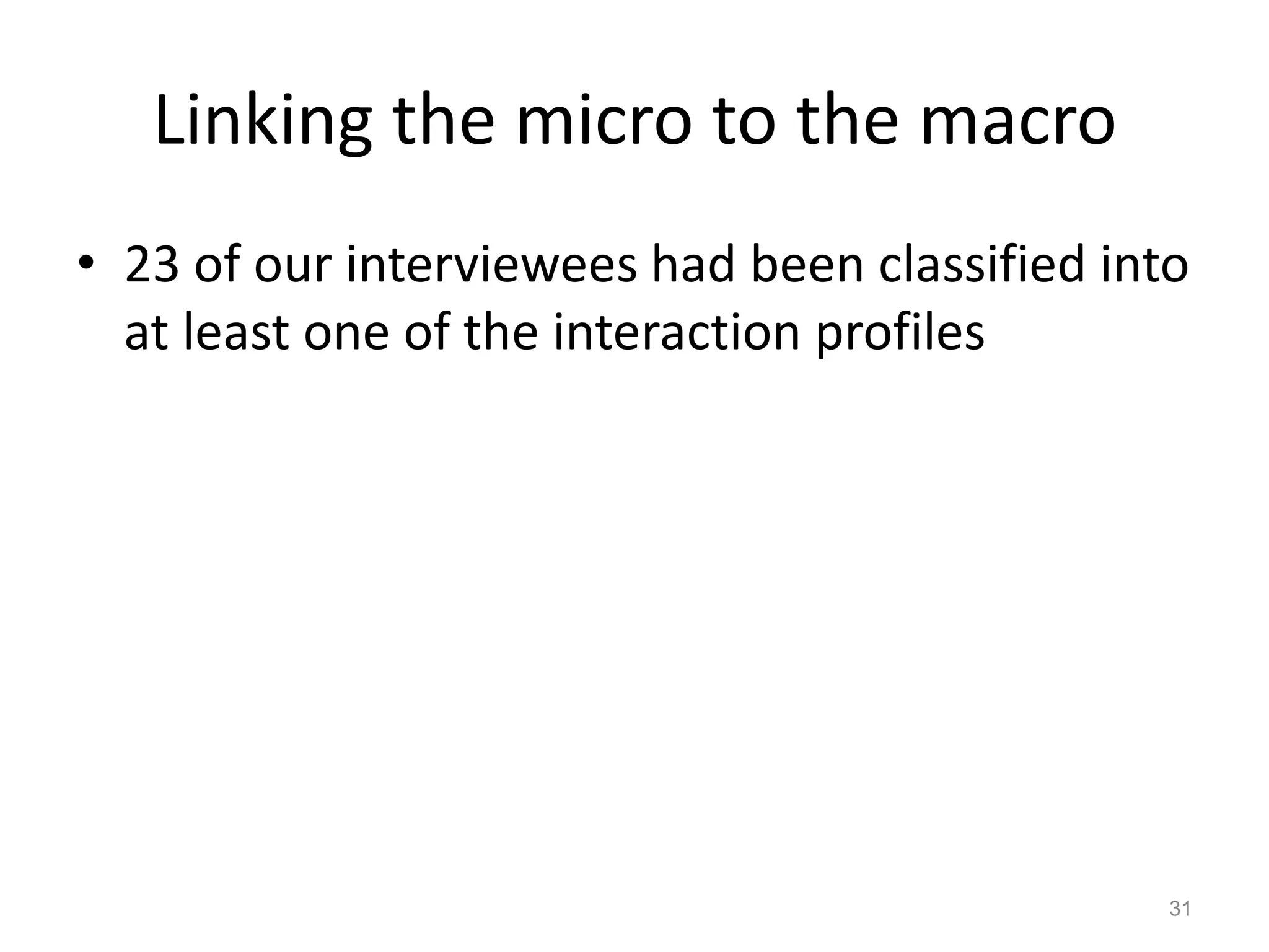 Linking the micro to the macro
• 23 of our interviewees had been classified into
at least one of the interaction profiles
31
 