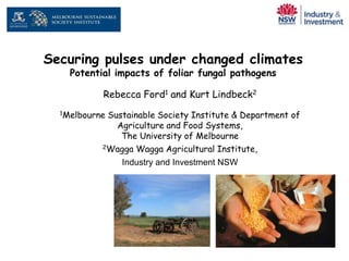Securing pulses under changed climates
    Potential impacts of foliar fungal pathogens

           Rebecca Ford1 and Kurt Lindbeck2
  1MelbourneSustainable Society Institute & Department of
              Agriculture and Food Systems,
               The University of Melbourne
           2Wagga Wagga Agricultural Institute,

               Industry and Investment NSW
 