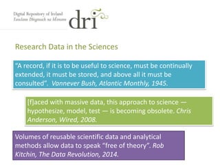 Research Data in the Sciences
“A record, if it is to be useful to science, must be continually
extended, it must be stored, and above all it must be
consulted”. Vannever Bush, Atlantic Monthly, 1945.
[f]aced with massive data, this approach to science —
hypothesize, model, test — is becoming obsolete. Chris
Anderson, Wired, 2008.
Volumes of reusable scientific data and analytical
methods allow data to speak “free of theory”. Rob
Kitchin, The Data Revolution, 2014.
 