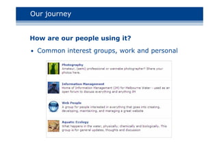Our journey
• Common interest groups, work and personal
How are our people using it?
 