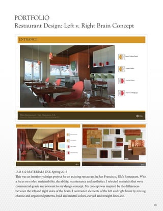 8787
PORTFOLIO
Restaurant Design: Left v. Right Brain Concept
IAD 612 MATERIALS USE, Spring 2013
This was an interior redesign project for an existing restaurant in San Francisco, Ella’s Restaurant. With
a focus on codes, sustainability, durability, maintenance and aesthetics, I selected materials that were
commercial-grade and relevant to my design concept. My concept was inspired by the differences
between the left and right sides of the brain. I contrasted elements of the left and right brain by mixing
chaotic and organized patterns, bold and neutral colors, curved and straight lines, etc.
 