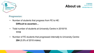 Progression:
• Number of students that progress from FE to HE:
Difficult to ascertain…
• Total number of students at Unive...