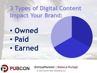 3 Types of Digital Content
Impact Your Brand:

• Owned
• Paid
• Earned

        @VirtualMarketer | Rebecca Murtagh
         © 2012 Karner Blue Marketing LLC
 