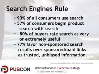 Search Engines Rule
  • 93% of all consumers use search
  • 57% of consumers begin product
     search with search
  • ~80% of buyers rate search as very
     or extremely useful
  • 77% favor non-sponsored search
    results over sponsored/paid links
    as trusted, unbiased information.
                           Sources: Google Etail Study, NYU Study, Internet Retailer,


           @VirtualMarketer | Rebecca Murtagh
             © 2012 Karner Blue Marketing LLC
 