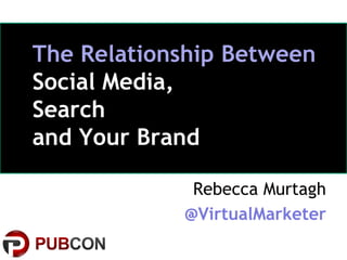 The Relationship Between
Social Media,
Search
and Your Brand

                         Rebecca Murtagh
                        @VirtualMarketer
       @VirtualMarketer | Rebecca Murtagh
        © 2011 Karner Blue Marketing LLC
 