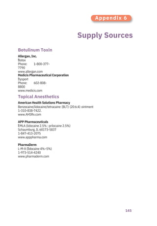145
Supply Sources
Botulinum Toxin
Topical Anesthetics
Allergan, Inc.
®
PharmaDerm
®
APP Pharmaceuticals
®
American Health Solutions Pharmacy
Medicis Pharmaceutical Corporation
®
Dysport
Phone: 602-808-
8800
www.medicis.com
Botox
Phone: 1-800-377-
7790
www.allergan.com
L-M-X (lidocaine 4%–5%)
1-973-514-4240
www.pharmaderm.com
EMLA (lidocaine 2.5% : prilocaine 2.5%)
Schaumburg, IL 60173-5837
1-847-413-2075
www.apppharma.com
Benzocaine/lidocaine/tetracaine (BLT) (20:6:4) ointment
1-310-838-7422.
www.AHSRx.com
Appendix 6
 