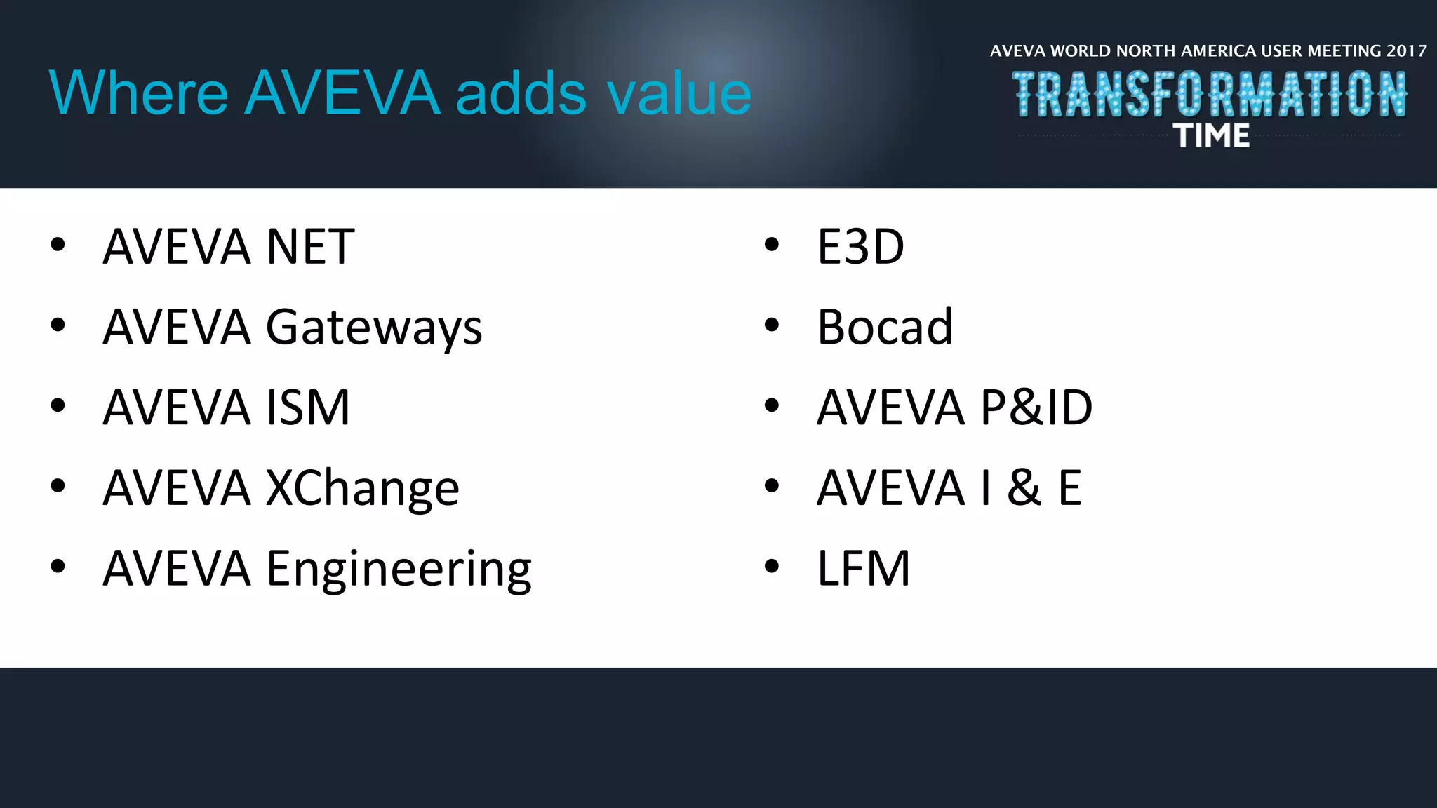 AVEVA WORLD NORTH AMERICA USER MEETING 2017
Where AVEVA adds value
• AVEVA NET
• AVEVA Gateways
• AVEVA ISM
• AVEVA XChange
• AVEVA Engineering
• E3D
• Bocad
• AVEVA P&ID
• AVEVA I & E
• LFM
 
