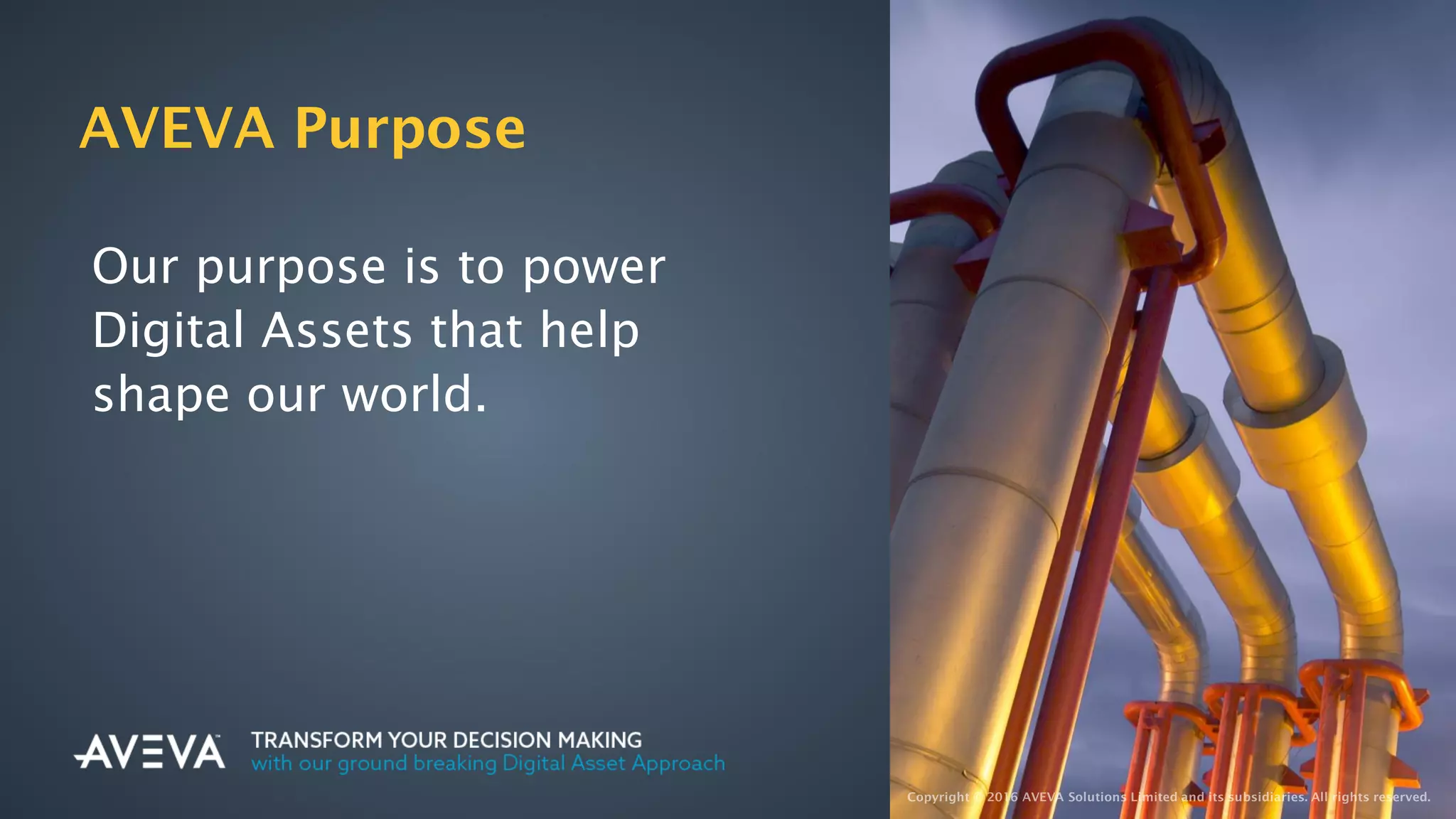 Our purpose is to power
Digital Assets that help
shape our world.
AVEVA Purpose
 