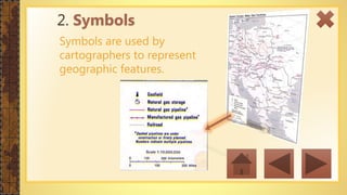 Symbols are used by
cartographers to represent
geographic features.
2. Symbols
 