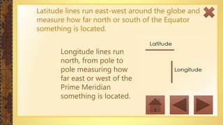 Latitude lines run east-west around the globe and
measure how far north or south of the Equator
something is located.
Longitude lines run
north, from pole to
pole measuring how
far east or west of the
Prime Meridian
something is located.
 