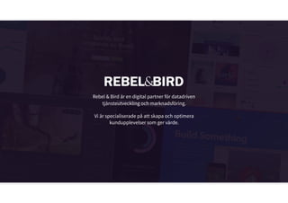 Med fokus på värdeoptimering.
Rebel & Bird är en digital partner för datadriven
tjänsteutveckling och marknadsföring.
Vi är specialiserade på att skapa och optimera
kundupplevelser som ger värde.
 
