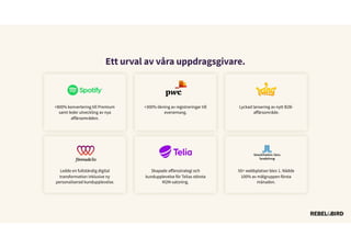 Ett urval av våra uppdragsgivare.
+800% konvertering till Premium
samt leder utveckling av nya
aﬀärsområden.
Ledde en fullständig digital
transformation inklusive ny
personaliserad kundupplevelse.
Skapade aﬀärsstrategi och
kundupplevelse för Telias största
M2M-satsning.
50+ webbplatser blev 1. Nådde
100% av målgruppen första
månaden.
+300% ökning av registreringar till
evenemang.
Lyckad lansering av nytt B2B-
aﬀärsområde.
 