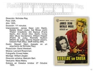 Dirección: Nicholas Ray.
País: USA.
Año: 1955.
Duración: 111 minutos.
Interpretación: James Dean (Jim Stark),
Natalie Wood (Judy), Sal Mineo (John
'Platón' Crawford), Jim Backus (Frank
Stark), Ann Doran (Sra. Stark), Corey
Allen (Buzz Gunderson), William Hopper
(Padre de Judy), Rochelle Hudson
(Madre de Judy), Dennis Hopper (Goon),
Edward Platt (Ray), Steffi Sidney (Mil).
Guión: Stewart Stern (basado en un
argumento de Nicholas Ray).
Producción: David Weisbart.
Música: Leonard Rosenman.
Fotografía: Ernest Haller.
Montaje: William Ziegler.
Dirección artística: Malcolm Bert.
Vestuario: Moss Mabry.
Estreno en Estados Unidos: 27 Octubre
1955.
10
 