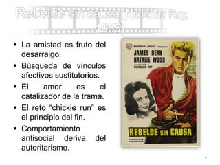  La amistad es fruto del
desarraigo.
 Búsqueda de vínculos
afectivos sustitutorios.
 El amor es el
catalizador de la trama.
 El reto “chickie run” es
el principio del fin.
 Comportamiento
antisocial deriva del
autoritarismo.
4
 