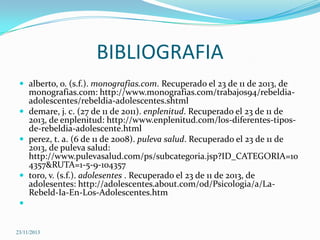 BIBLIOGRAFIA
 alberto, o. (s.f.). monografias.com. Recuperado el 23 de 11 de 2013, de

monografias.com: http://www.monografias.com/trabajos94/rebeldiaadolescentes/rebeldia-adolescentes.shtml
 demare, j. c. (27 de 11 de 2011). enplenitud. Recuperado el 23 de 11 de
2013, de enplenitud: http://www.enplenitud.com/los-diferentes-tiposde-rebeldia-adolescente.html
 perez, t. a. (6 de 11 de 2008). puleva salud. Recuperado el 23 de 11 de
2013, de puleva salud:
http://www.pulevasalud.com/ps/subcategoria.jsp?ID_CATEGORIA=10
4357&RUTA=1-5-9-104357
 toro, v. (s.f.). adolesentes . Recuperado el 23 de 11 de 2013, de
adolesentes: http://adolescentes.about.com/od/Psicologia/a/LaRebeld-Ia-En-Los-Adolescentes.htm


23/11/2013

 