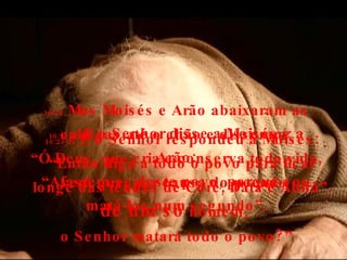16:20-21  E o Senhor disse a Moisés e a Arão: “ Afastem-se deste povo, porque vou matá-los num segundo”. 16:22  Mas Moisés e Arão abaixaram as cabeças até o chão e disseram: “ Ó Deus, que cria e conserva toda vida, será que, por causa do pecado  de um só  homem,  o Senhor matará todo o povo?” 16:23-24  E o Senhor respondeu a Moisés: “ Então diga a todo o povo para ficar longe das tendas de Coré, Datã e Abirã”. 