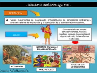 - REBELIONES INDÍGENAS siglo XVIII -
causas
 Fueron movimientos de insurrección principalmente de campesinos (indígenas),
contra el sistema de explotación y la corrupción de la administración española.
DEFINICIÓN
ABUSO DE LOS
CORREGIDORES
TRIBUTO AL REY
INDÍGENAS (Yanaconas)
REPARTO MERCANTIL
MITA MINERA
En estas rebeliones también
participaron criollos, mestizos,
mulatos y esclavos descontentos del
régimen colonial y de las reformas
borbónicas.
Docente: Rafael Moreno Y.
 